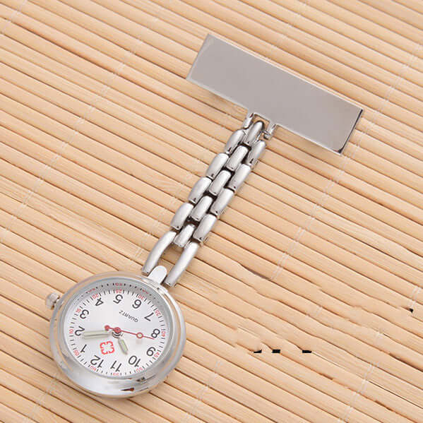 Nurse Doctor Watch with a silver chain on a bamboo mat, ideal for medical professionals.