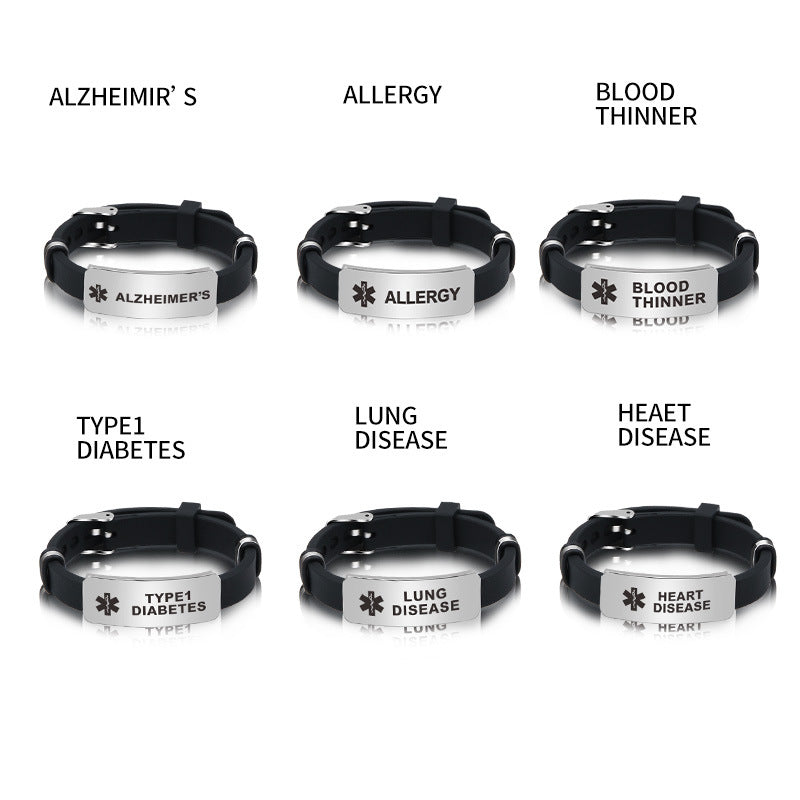 Medical Silicone Bracelet in multiple colors featuring a Diabetic ID tag for health awareness. Medical Silicone Bracelet in multiple colors featuring a Diabetic ID tag for health awareness.