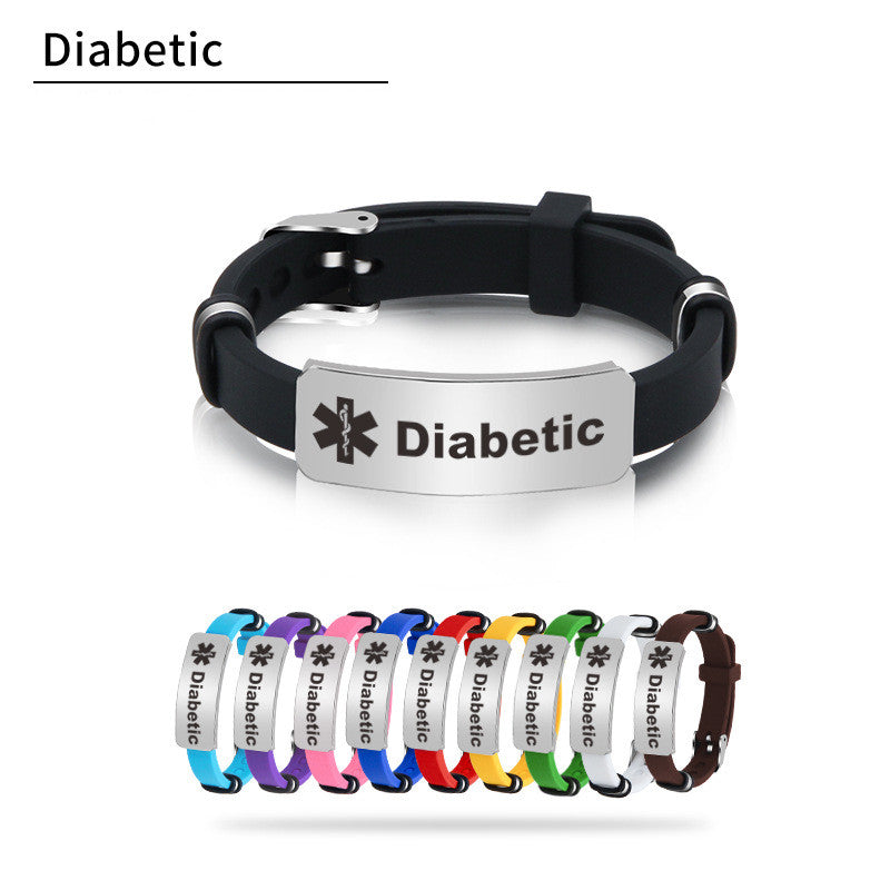 Medical Silicone Bracelet in multiple colors featuring a Diabetic ID tag for health awareness.