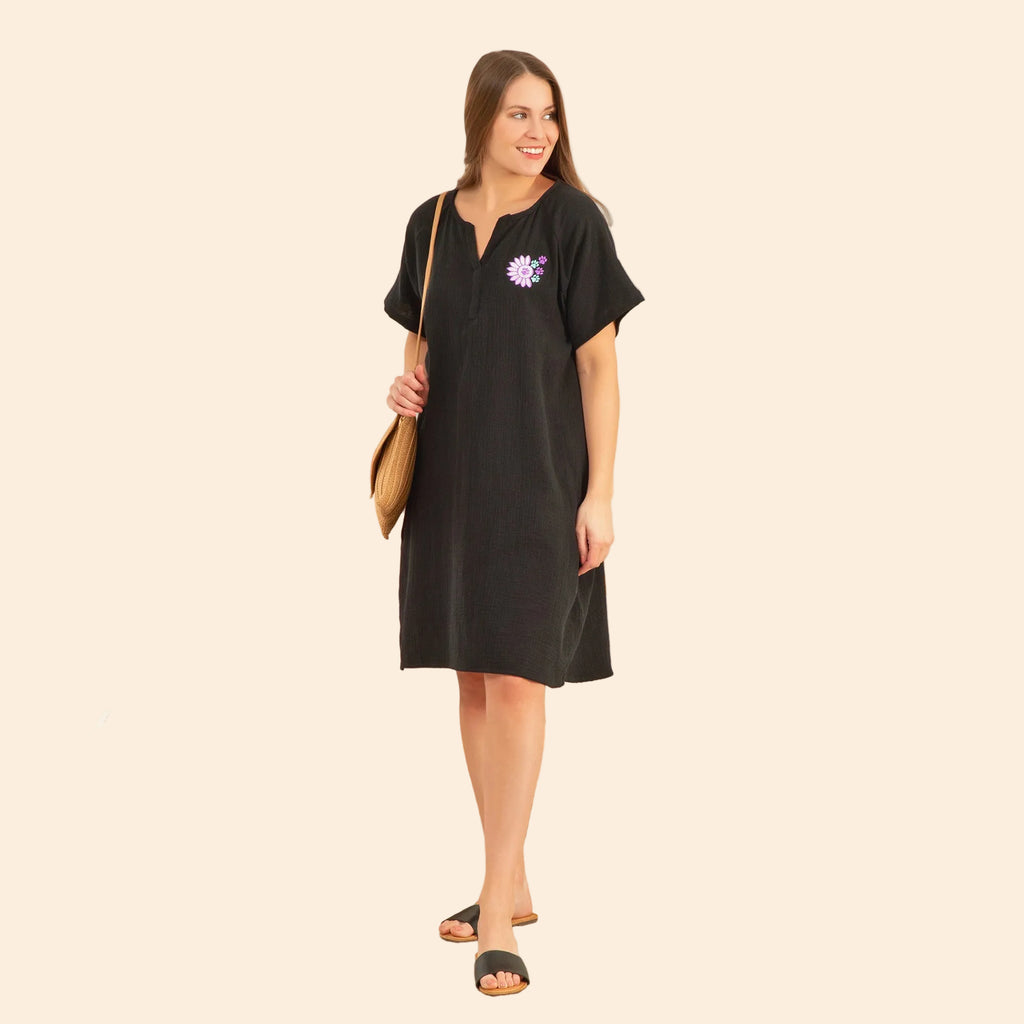 Paw Embroidered Cotton Dress with Pockets