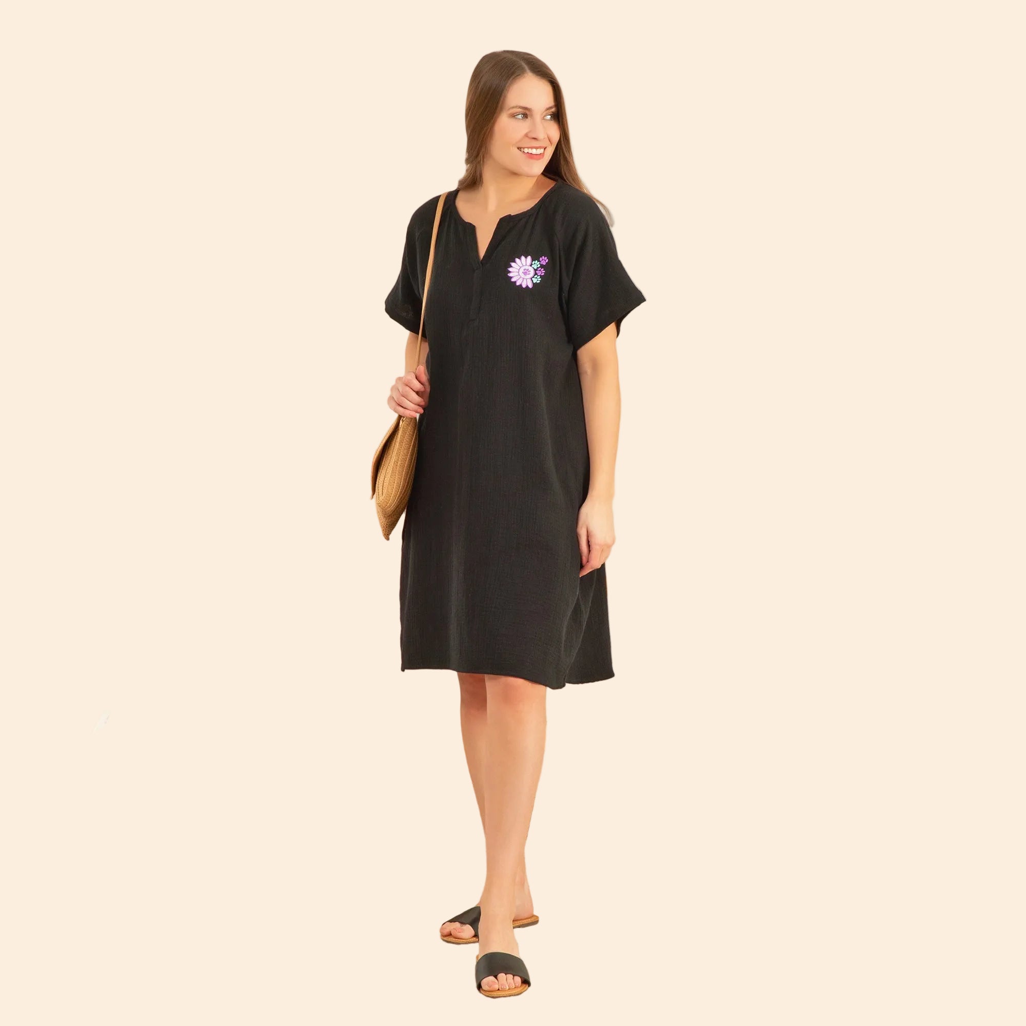 Paw Embroidered Cotton Dress with Pockets