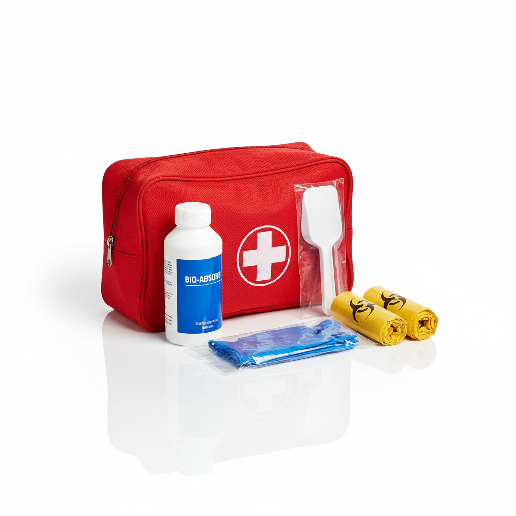 Medical spill management kit with absorbent powder, gloves, and biohazard bags on white background