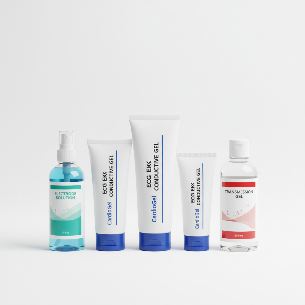 ECG EKG electrode gel tubes and bottles for cardiac monitoring on white background