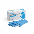 Box of nitrile medical examination gloves with a pair displayed on white background