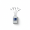 Holter monitor cardiac recorder with electrodes and leads on white background