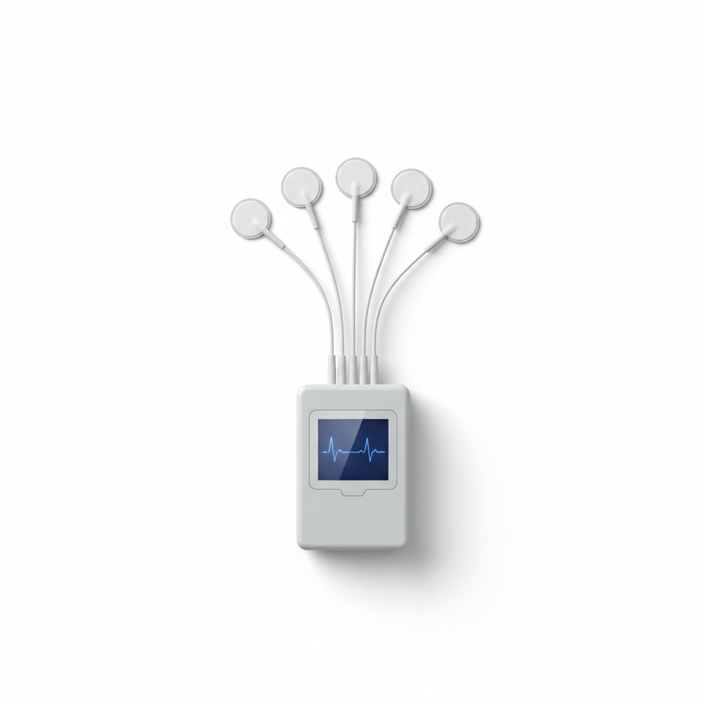 Holter monitor cardiac recorder with electrodes and leads on white background