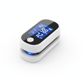 Fingertip pulse oximeter displaying SpO2 and pulse rate on white background