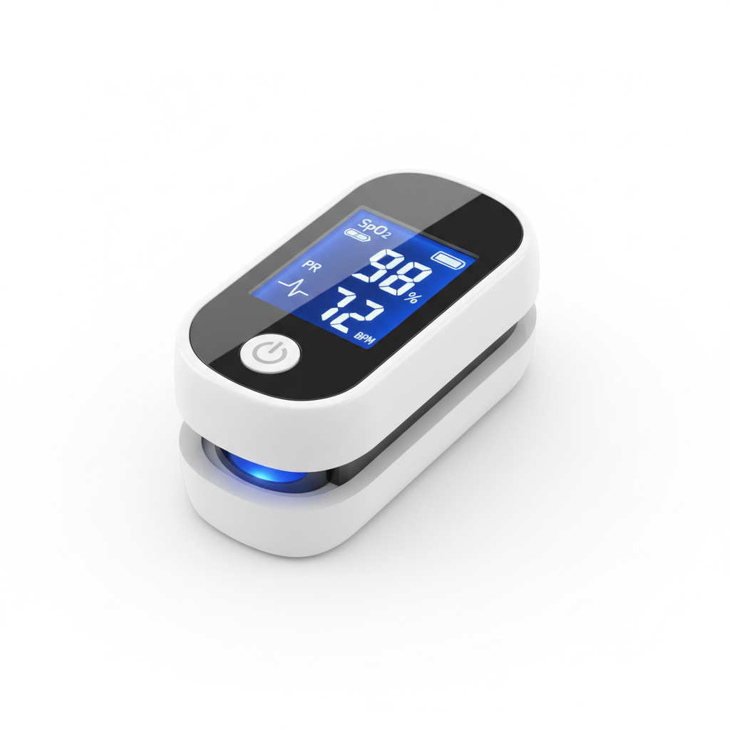 Fingertip pulse oximeter displaying SpO2 and pulse rate on white background