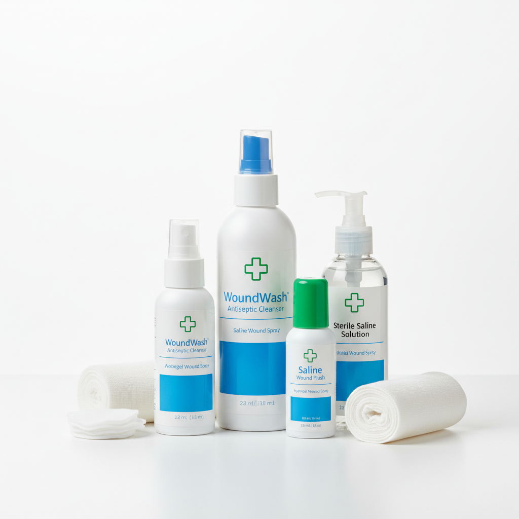Medical wound cleanser spray bottles and saline wound wash on white background
