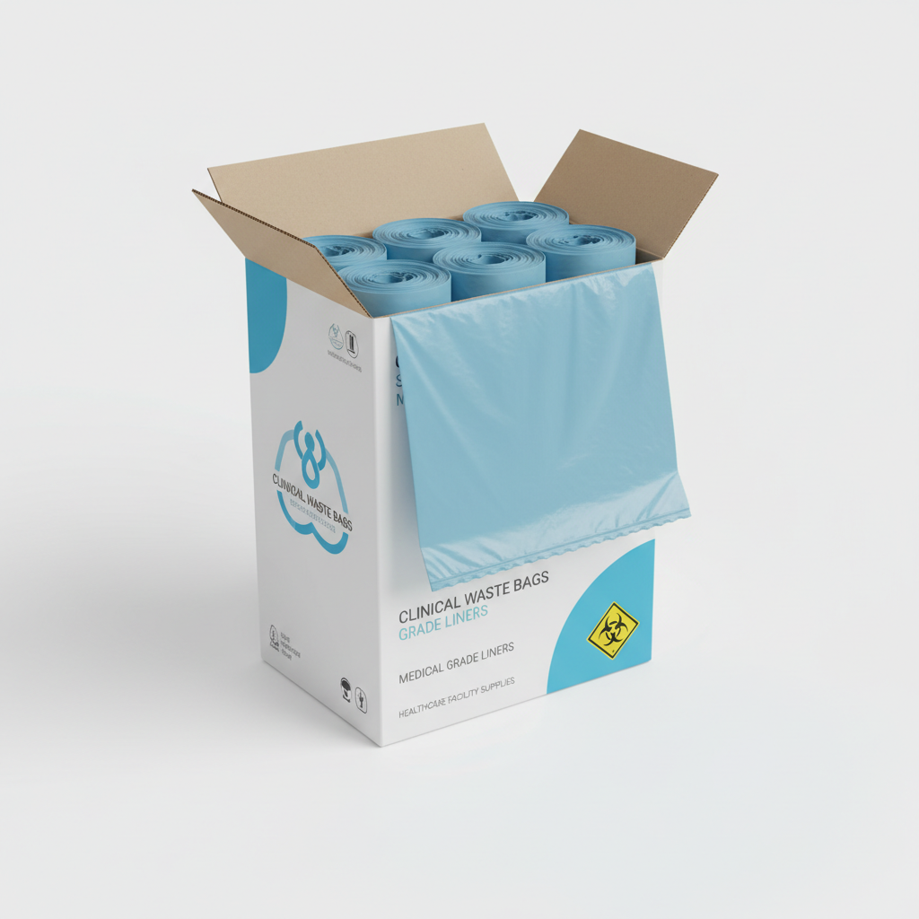 Box of medical grade can liners trash bags on white background