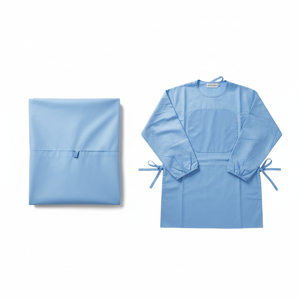 Light blue surgical gown neatly folded on white background