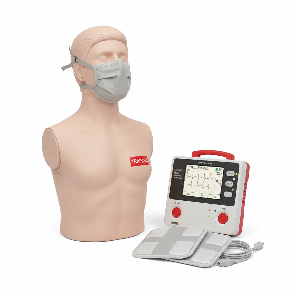 AED automated external defibrillator and CPR equipment on white background