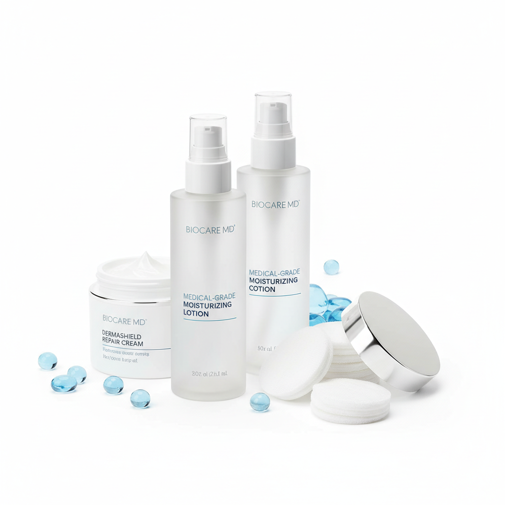 Medical grade skin moisturizing lotion and cream for patients and healthcare workers on white background