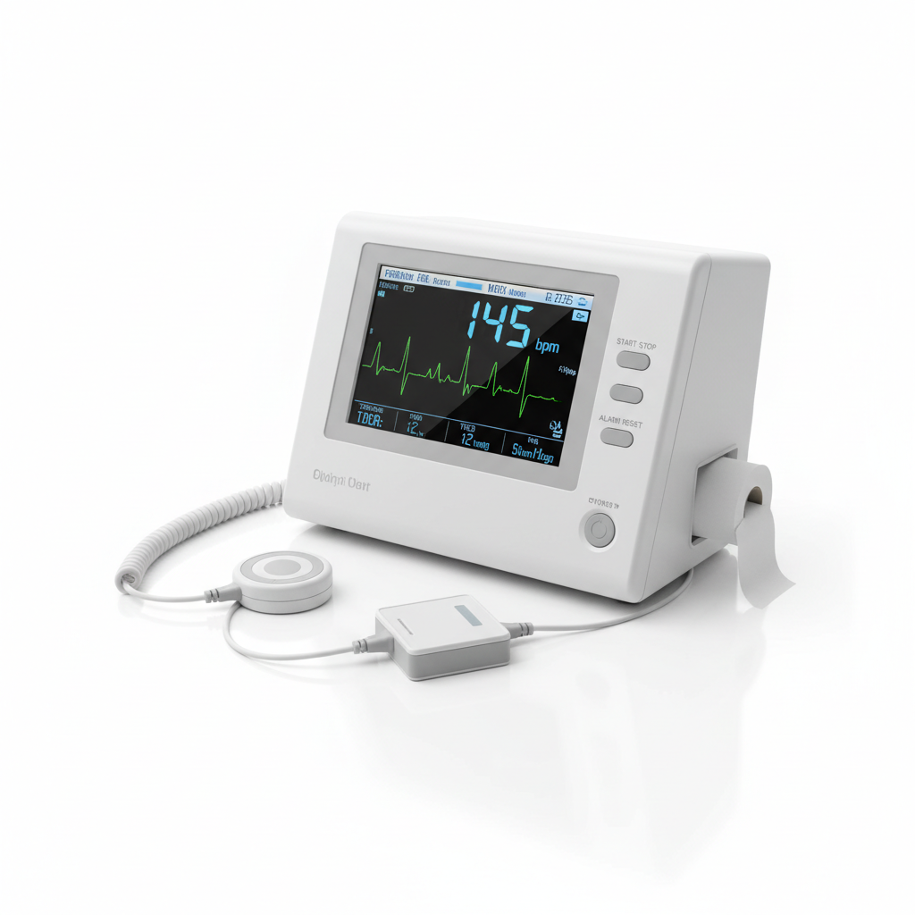 Fetal monitor CTG machine with transducers and display screen on white background