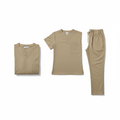 Tan khaki healthcare scrubs uniform set on white background