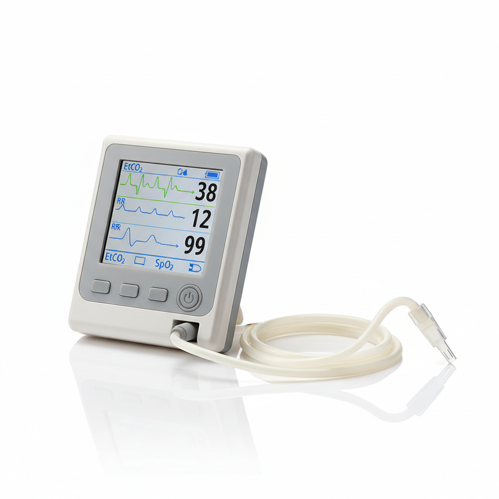 Medical capnograph CO2 monitor with display screen and sampling line on white background