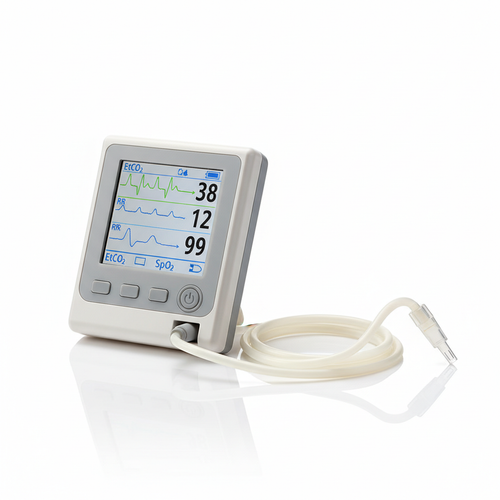 Medical capnograph CO2 monitor with display screen and sampling line on white background