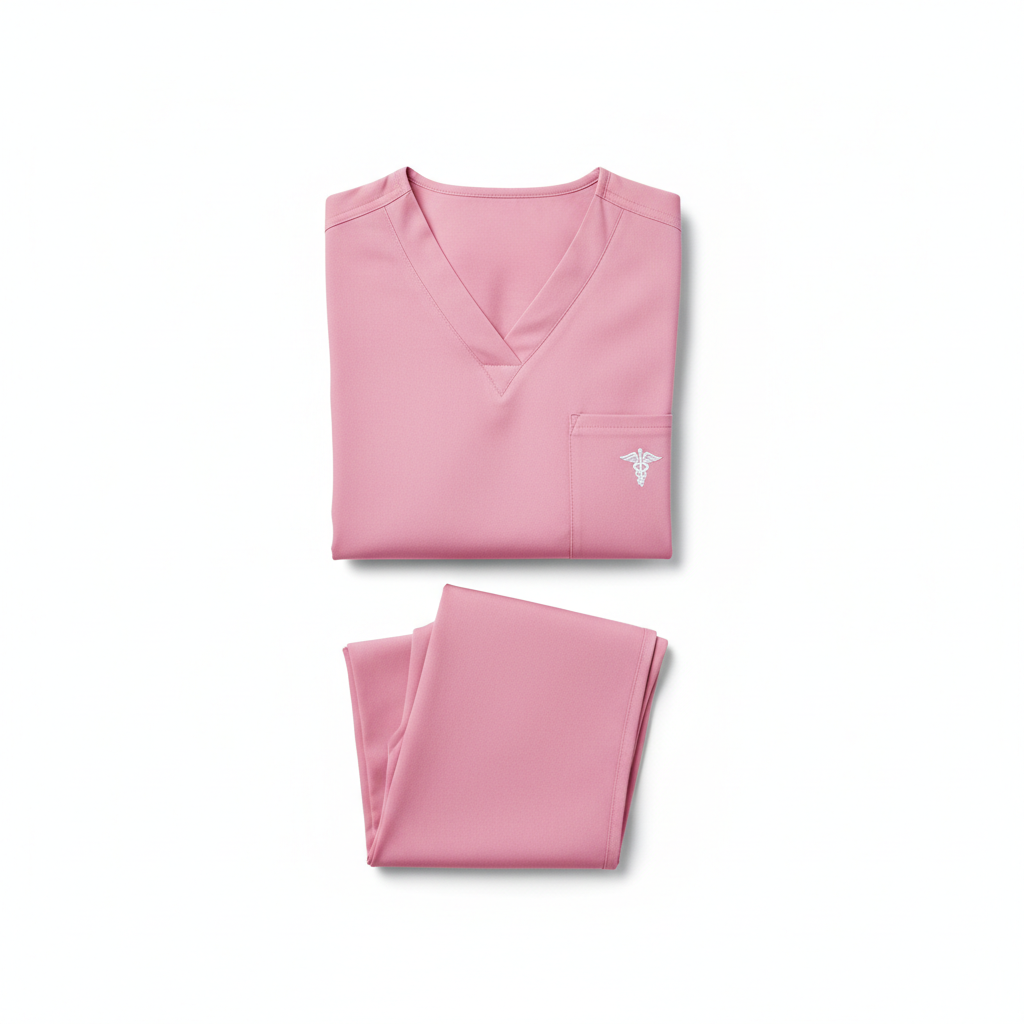 Pink healthcare scrubs uniform set on white background