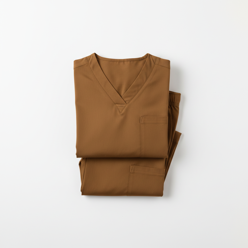 Brown healthcare scrubs uniform set on white background