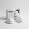 Box of N95 respirator masks with several respirators displayed on white background