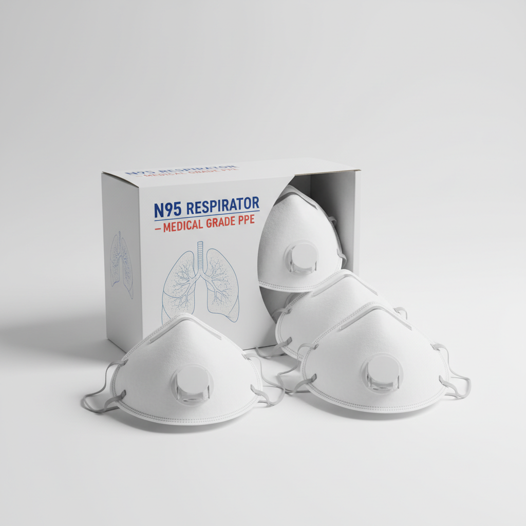 Box of N95 respirator masks with several respirators displayed on white background
