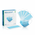 Box of disposable surgical face masks with several masks displayed on white background