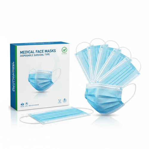 Box of disposable surgical face masks with several masks displayed on white background