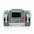 Manual cardiac defibrillator monitor with paddles and ECG display on white background