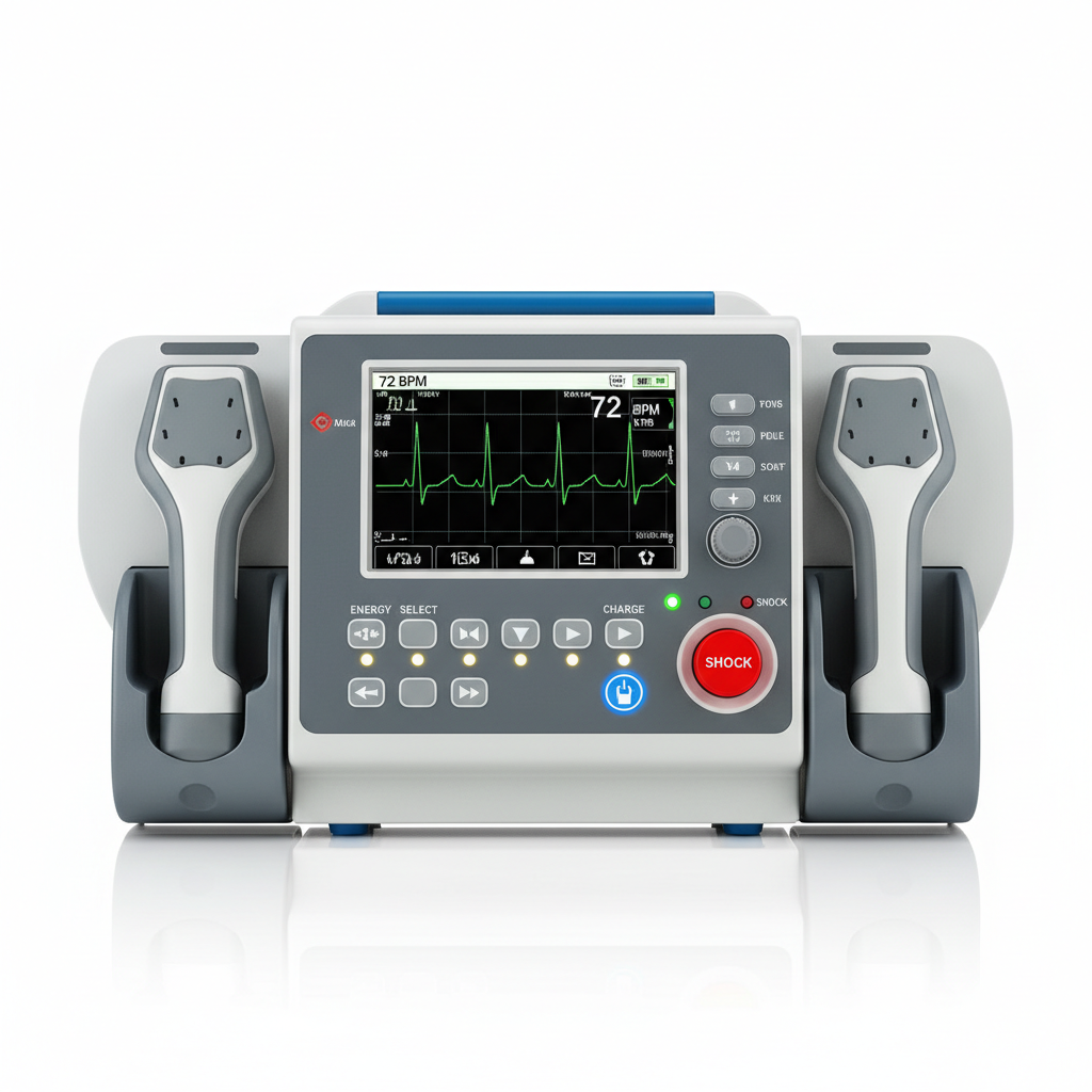 Manual cardiac defibrillator monitor with paddles and ECG display on white background