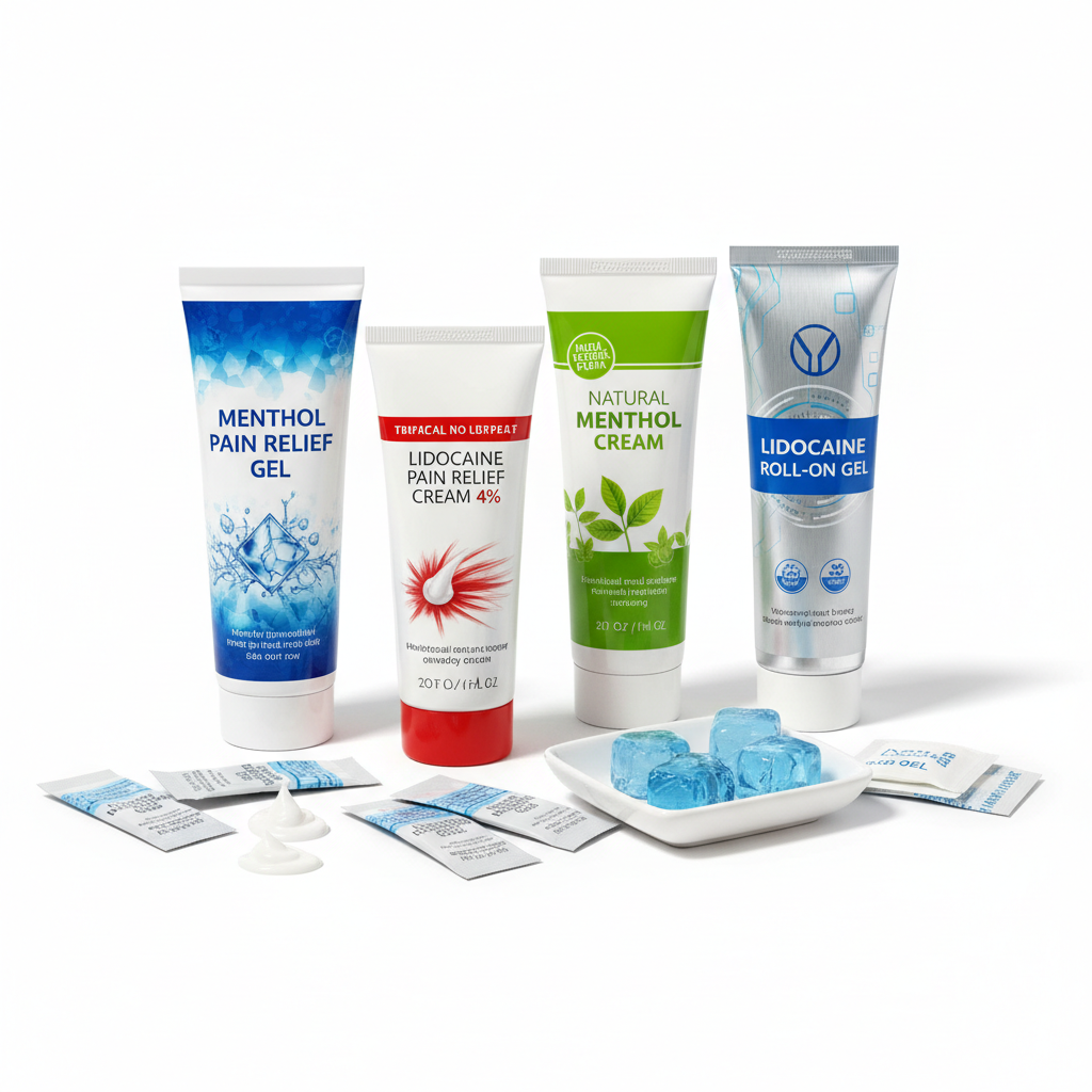 Topical pain relief cream and gel tubes with menthol and camphor on white background