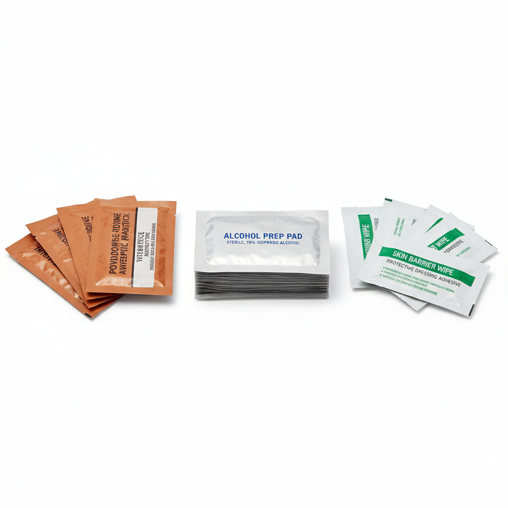Medical skin prep supplies including alcohol swabs, iodine prep pads, and skin barrier wipes on white background