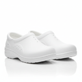 White slip-resistant medical clogs on white background