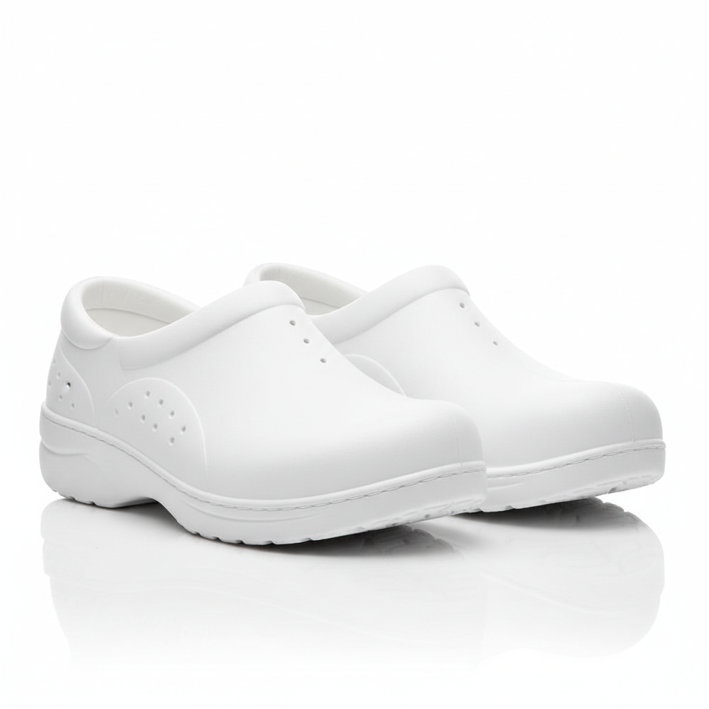 White slip-resistant medical clogs on white background