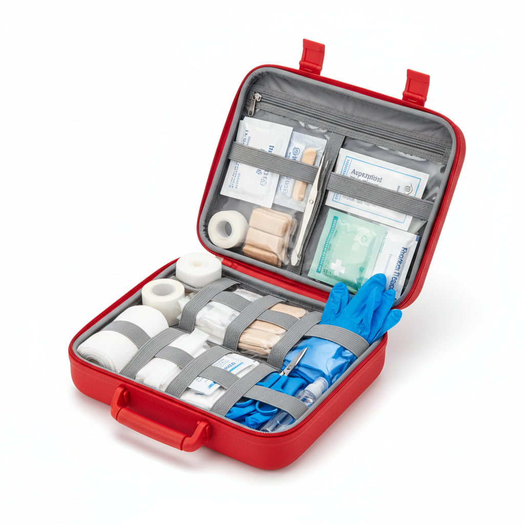 Open red professional first aid kit showing contents on white background