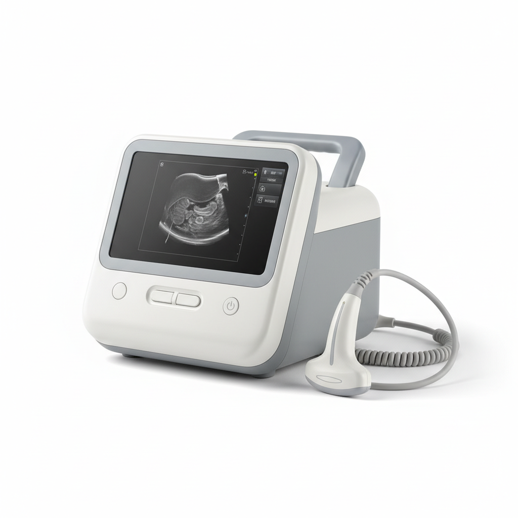 Portable ultrasound machine with probe and display screen on white background