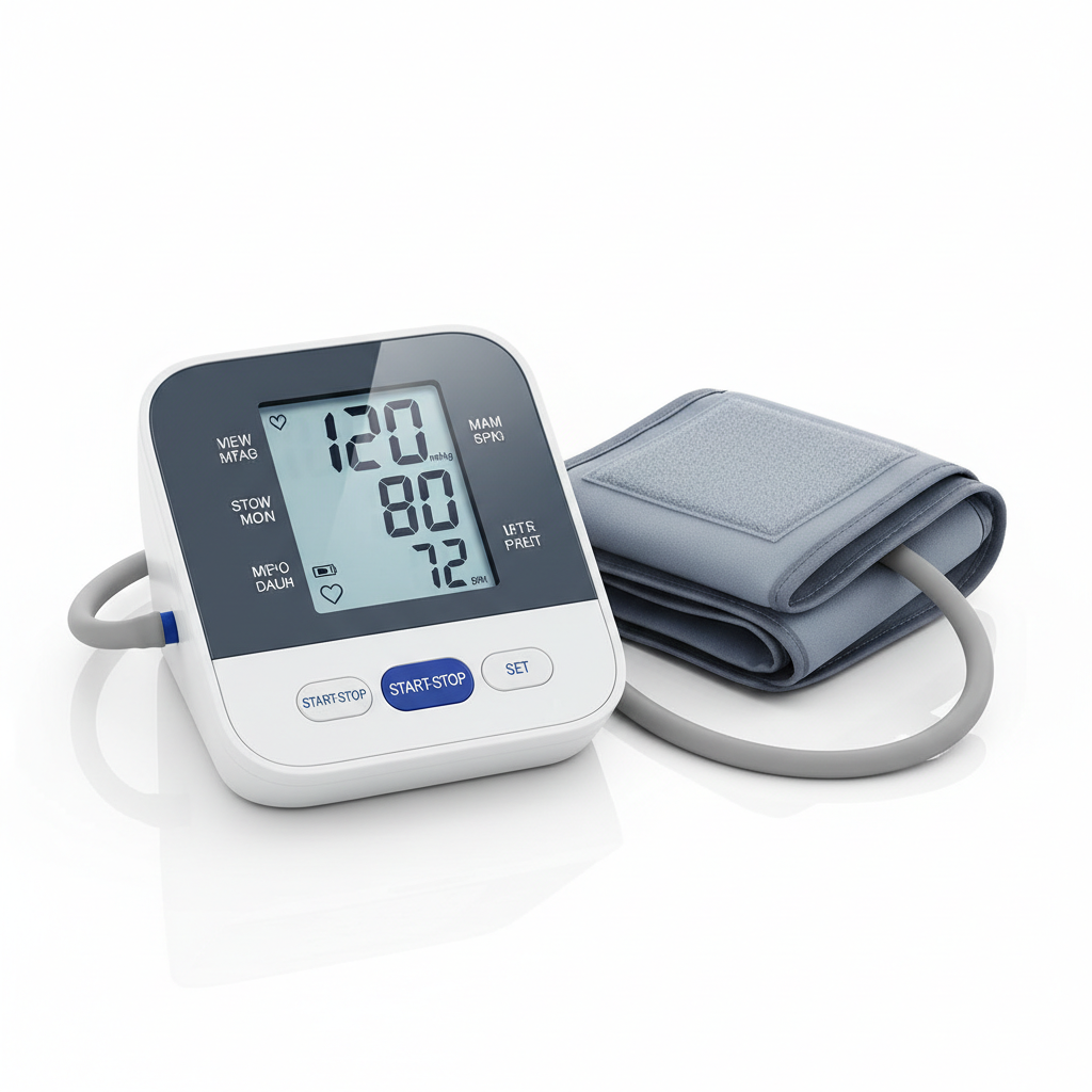Digital blood pressure monitor with cuff on white background