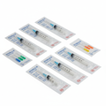 Medical syringes and needles in sterile packaging on white background