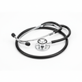 Black and silver professional medical stethoscope on white background