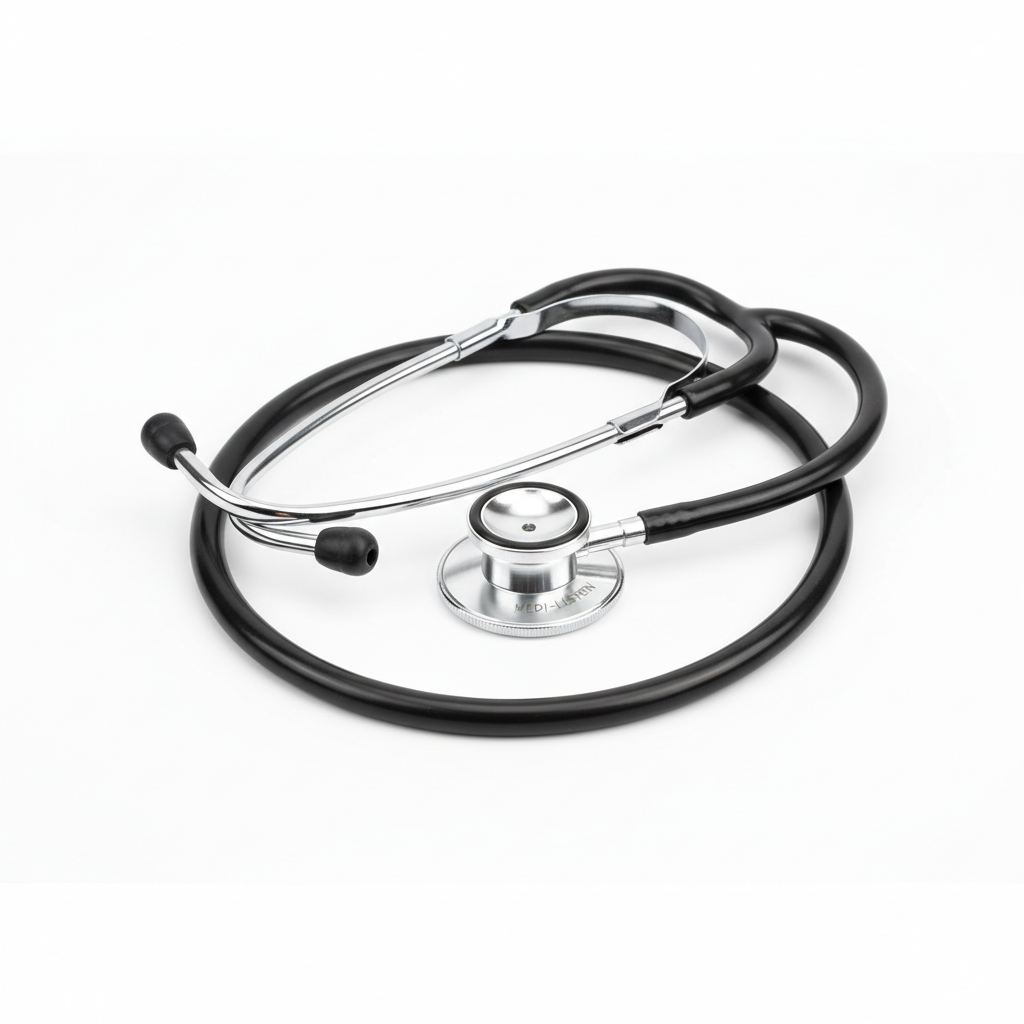 Black and silver professional medical stethoscope on white background