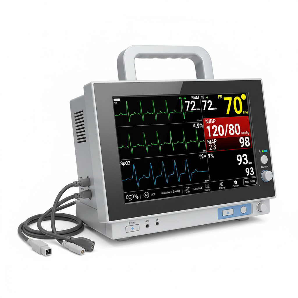 Vital signs patient monitor with color display showing ECG and SpO2 readings on white background