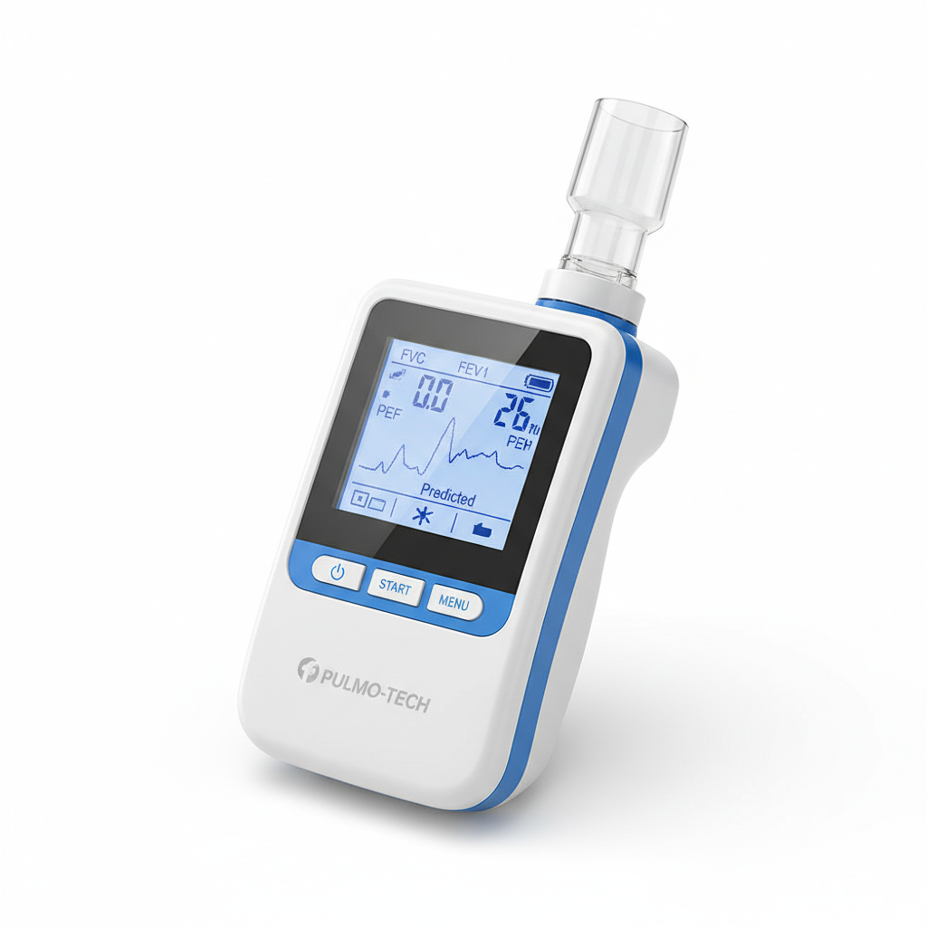 Digital spirometer pulmonary function testing device on white background