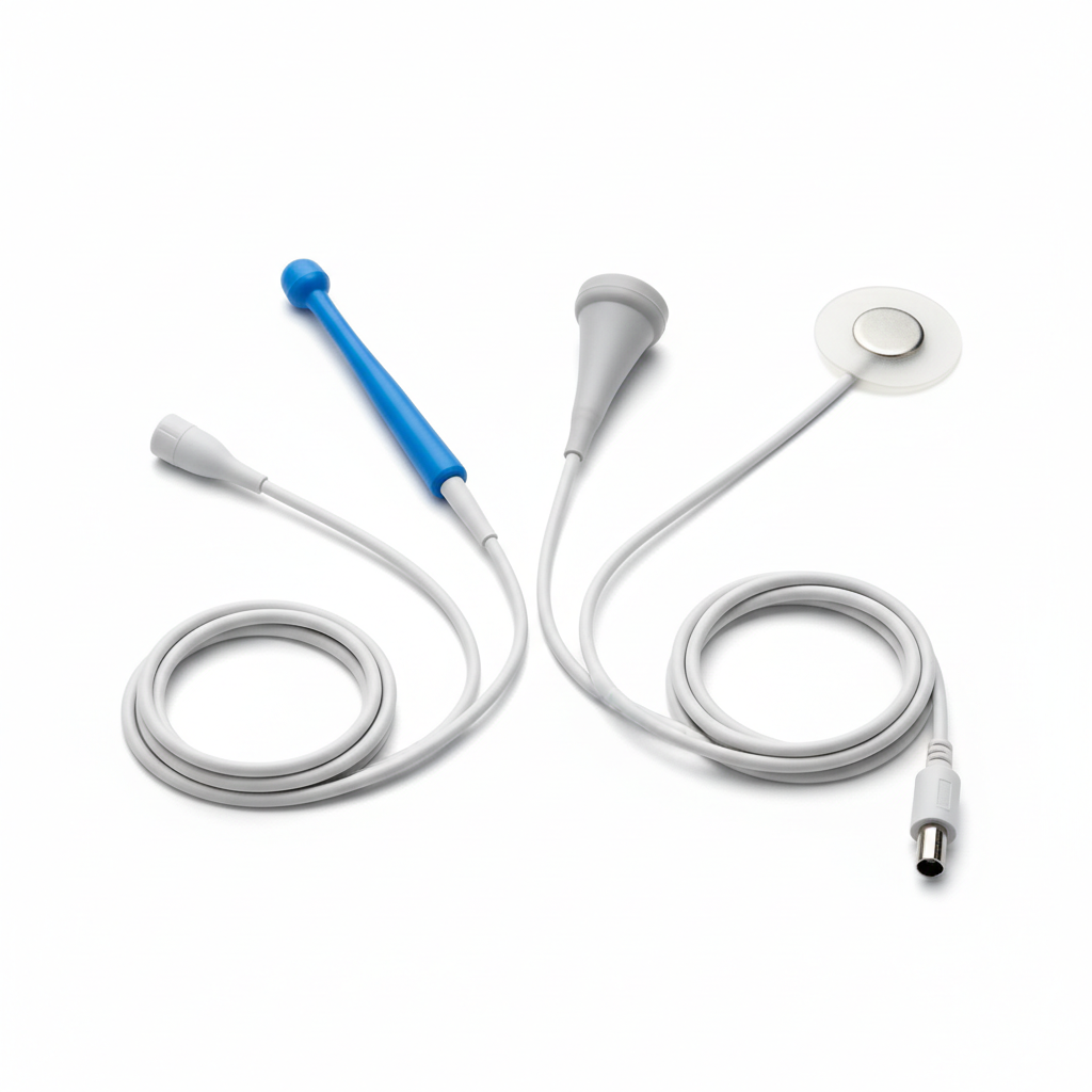 Medical temperature probes and sensors with cables on white background