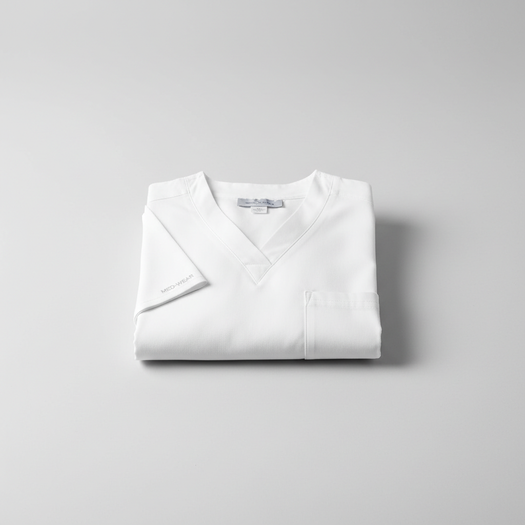 White healthcare scrubs uniform set on light gray background