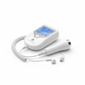 Handheld vascular Doppler device with probe and earphones on white background