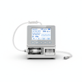 Medical infusion pump with display screen and IV tubing on white background