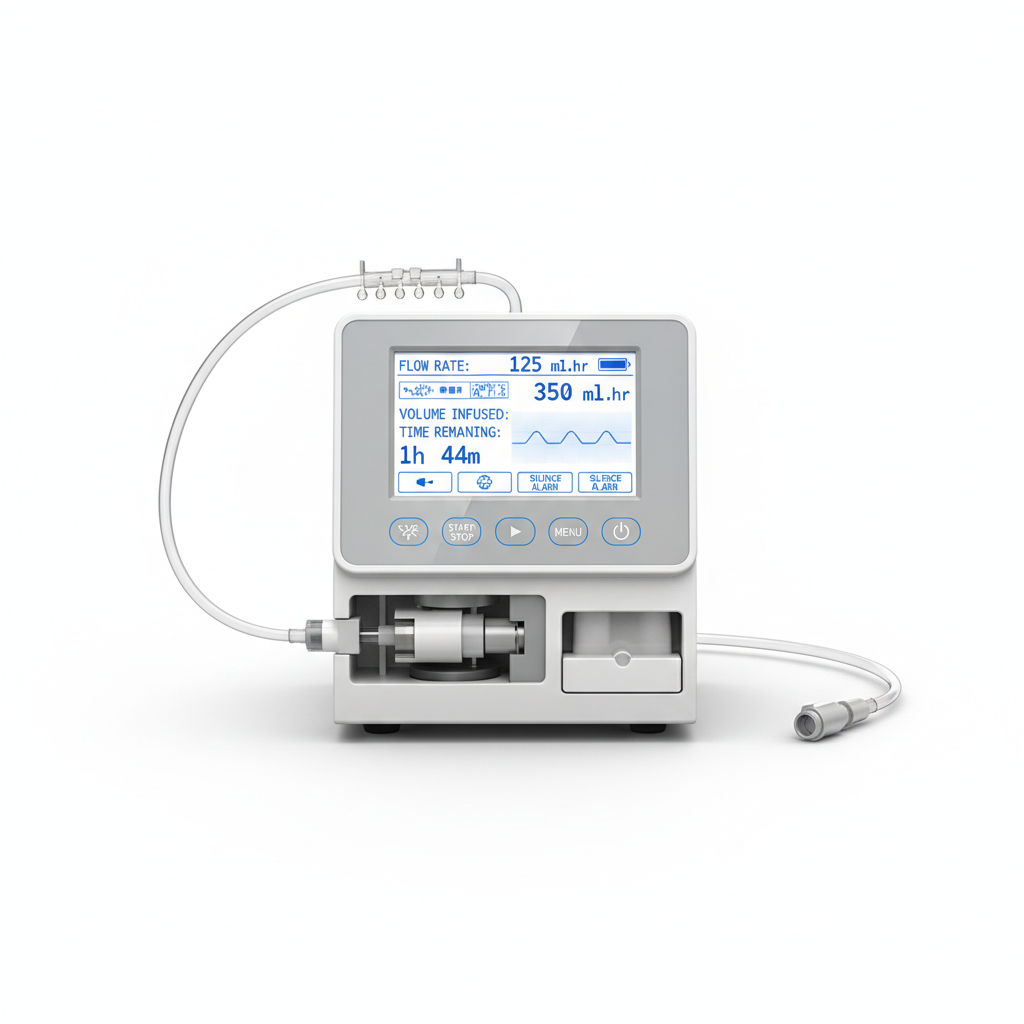 Medical infusion pump with display screen and IV tubing on white background