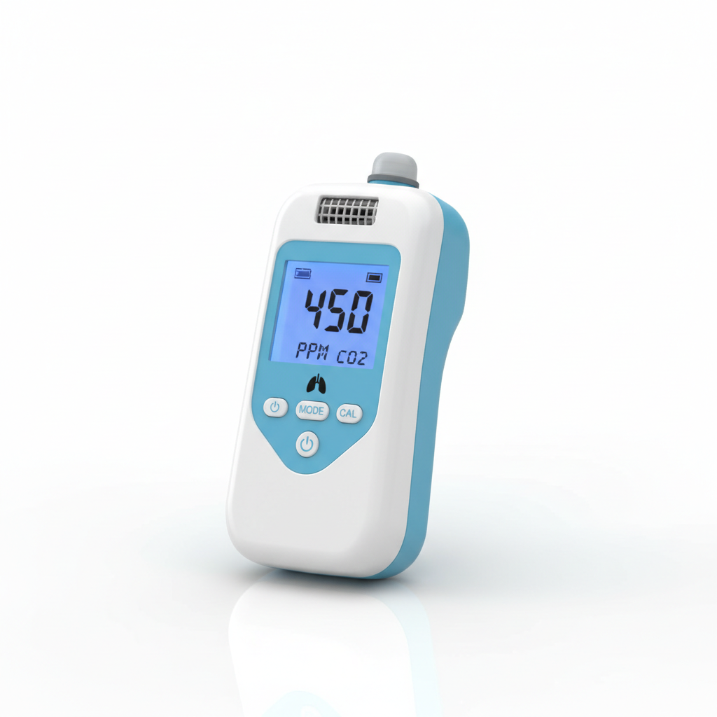 Portable handheld CO2 detector with digital display on white background