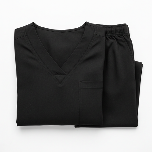 Black healthcare scrubs uniform set on white background