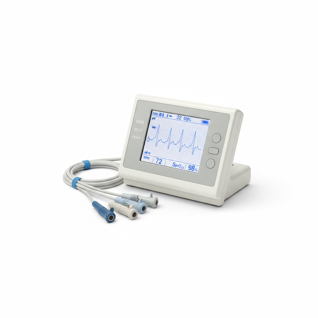 Portable EKG ECG machine with leads and display on white background