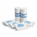 Sterile medical gauze pads and rolled gauze in packaging on white background
